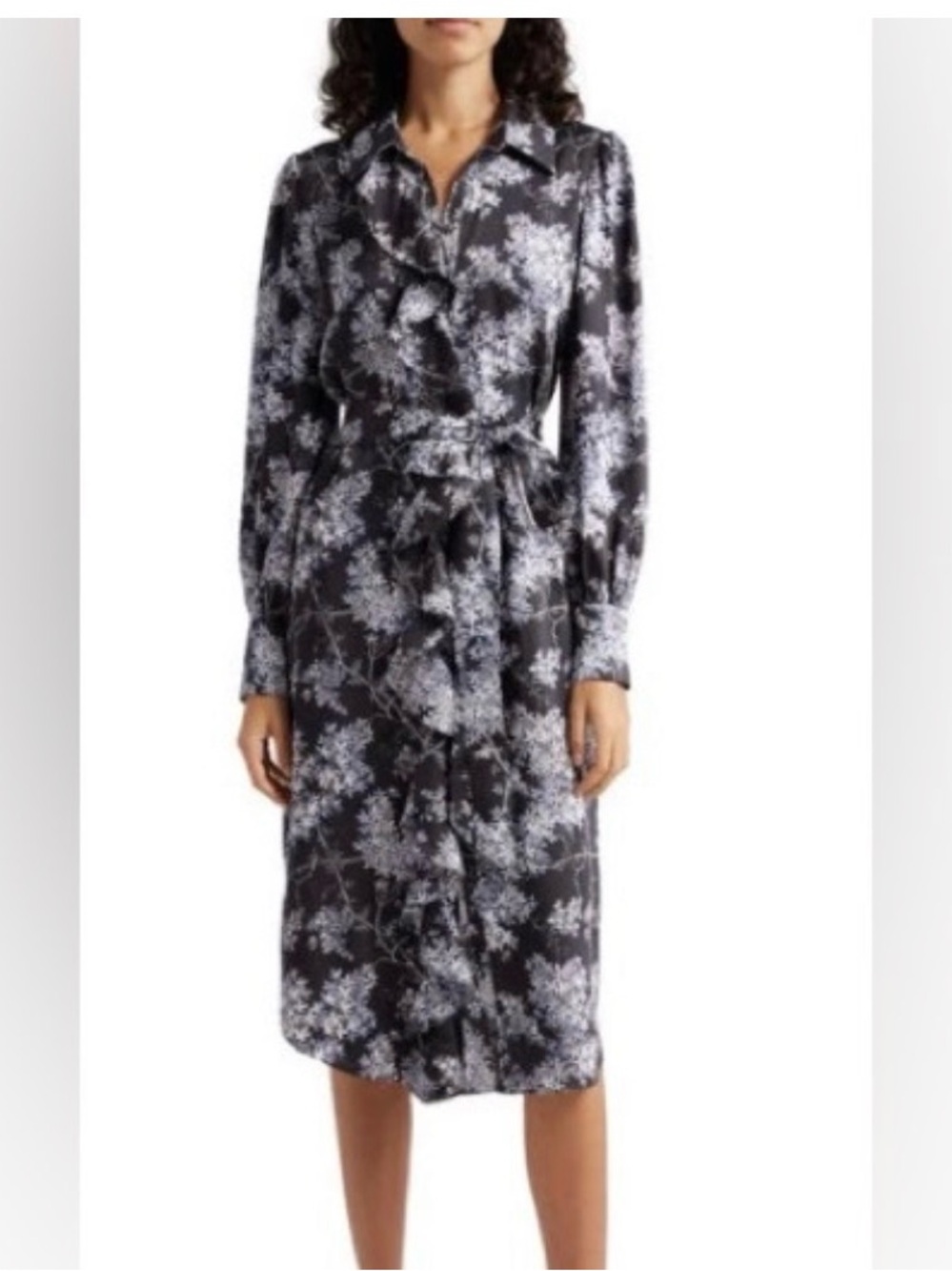 cinq a sept Black and White Floral Tie-Waist Midi Shirt Dress